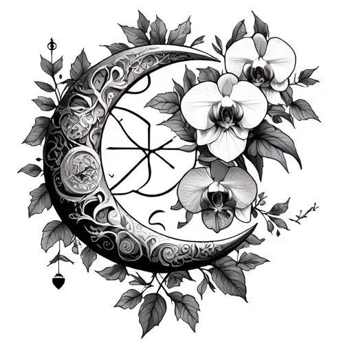 Elements of Aquarius, wicca, orchids, ivy, crescent moons, astrology, witchcraft, and nature tattoo design idea