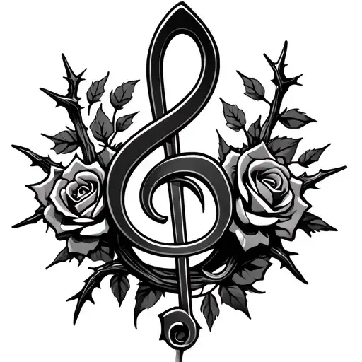 Treble cleff with thorns and roses wrapped around it tattoo design idea