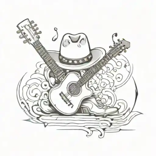 A guitar with a cowboy hat and boots, surrounded by music notes tattoo design idea