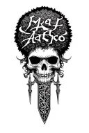 Sharp long dagger with runes shaded skull head text "afro"  tattoo design idea