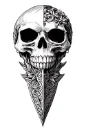 Sharp long dagger with runes shaded skull head text "afro"  tattoo design idea