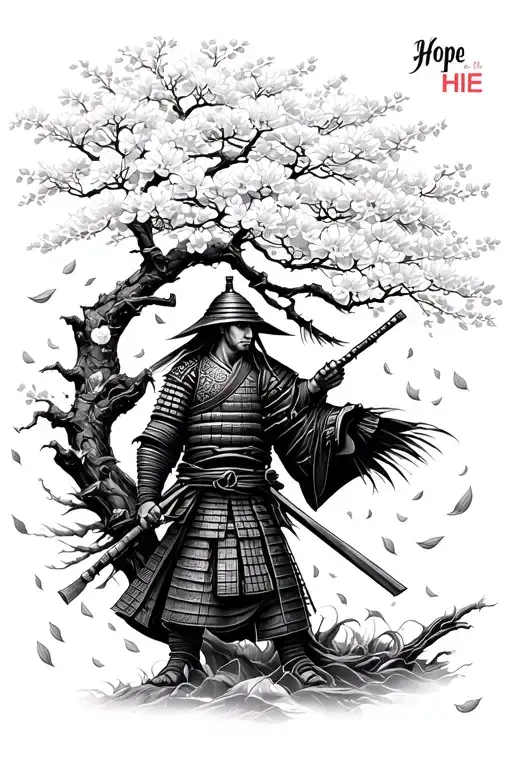 draw me a tattoo of a samurai under a sakura tree with a lot of petals falling from it, and the word hope written in hie tattoo design idea