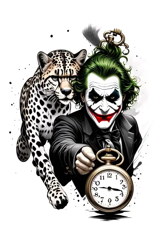 Joker face holding pocket watch with cheetah running across tattoo design idea