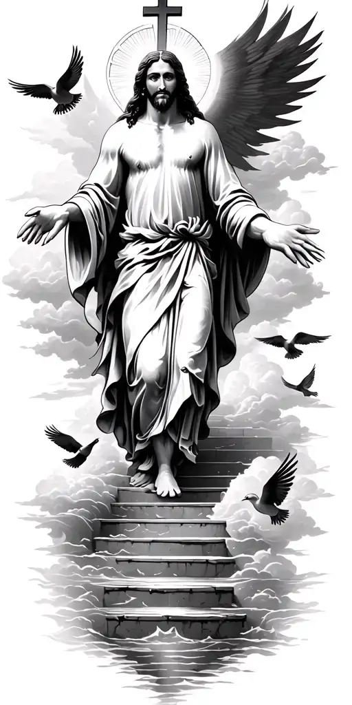 heaven Jesus walking on water clouds doves flying and cross stairway to heaven  tattoo design idea
