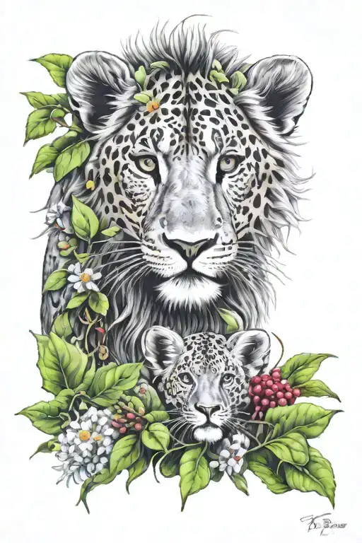 2 lion cubs, clovers, daisies, berries, fruit, pohutukawa, passionflower, guava, passionfruit, vines, birds of paradise tattoo design idea