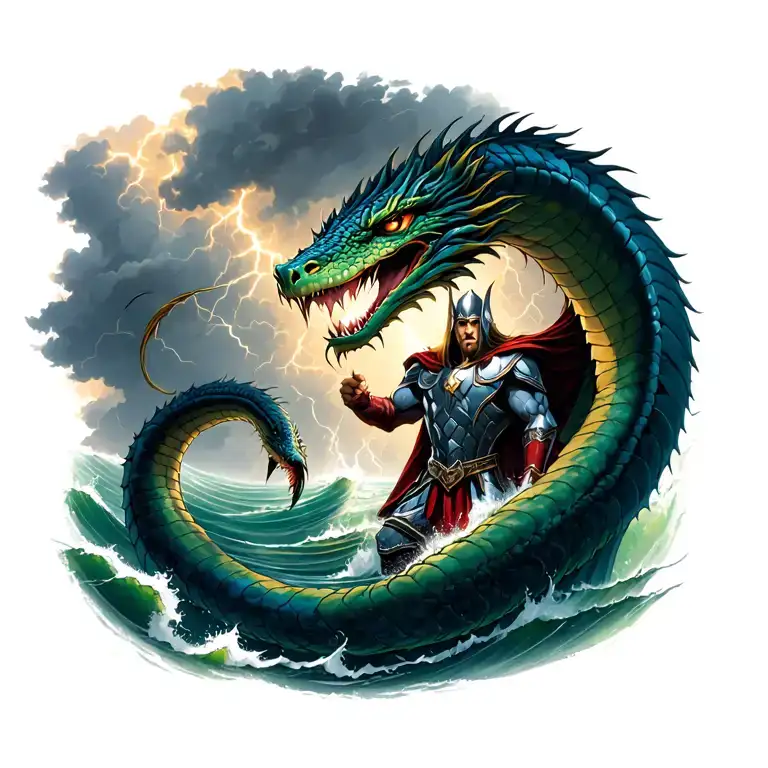 the world serpent Jormungandr fights Thor in the sea against the backdrop of a strong thunderstorm tattoo design idea
