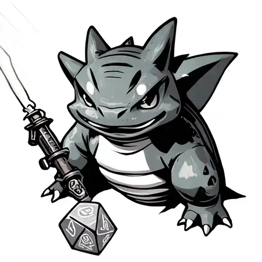 bulbasaur, squalls gunblade, lightsaber, baldurs gate 2 logo, dnd dice, lupin the third, spirited away bath house. tattoo design idea