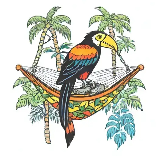 a hammock in Costa Rica colors between two palm trees with a toucan and an iguana and jungle plants tattoo design idea