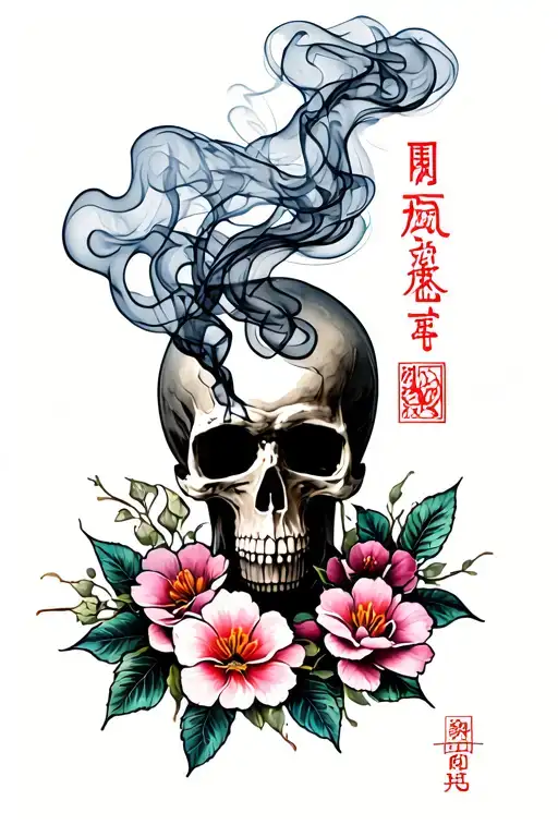 Japanese style smoke with a place under the inscription and the flowers of death below tattoo design idea
