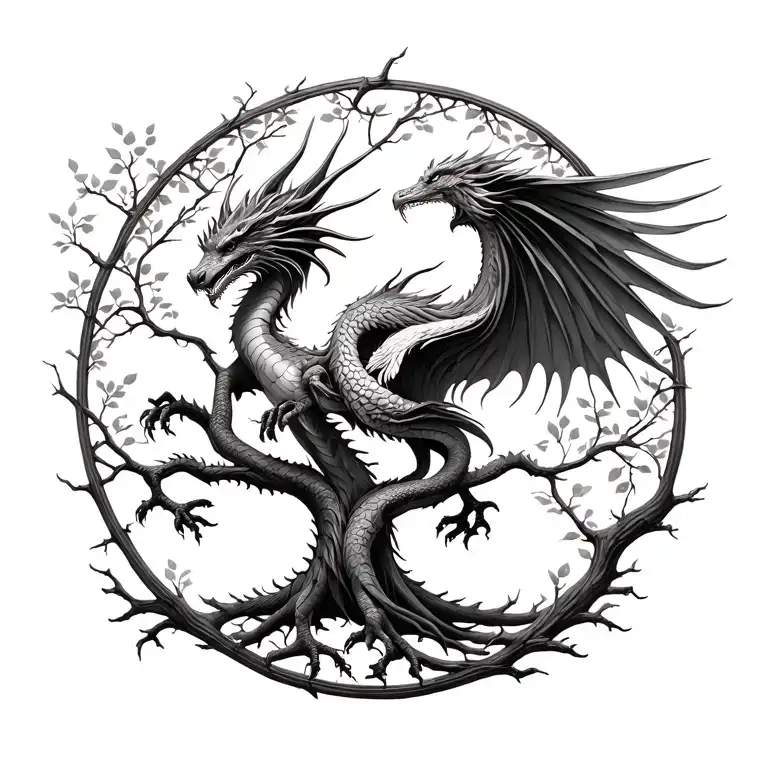 dragon and phoenix rising from the tree of life intertwined tattoo design idea