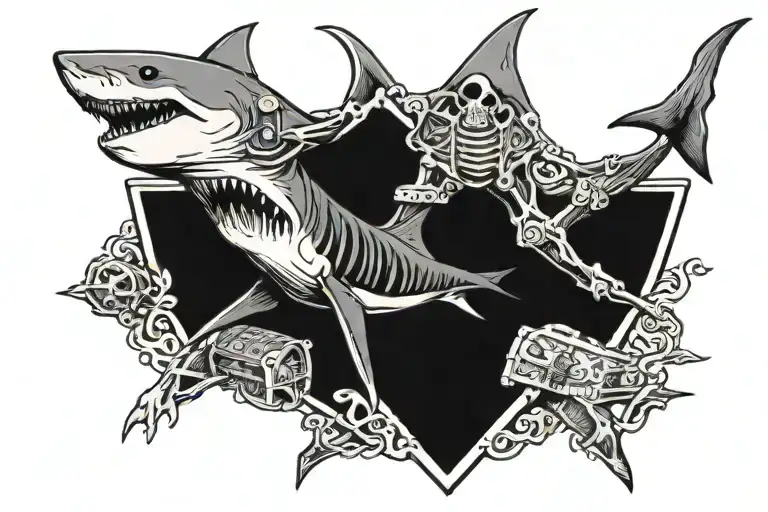 shark with treasure chest and skeleton hand holding tattoo design idea