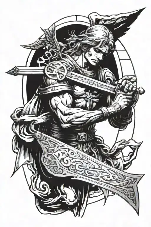 at Michael archangel holding sword down middle with a big cross behind him tattoo design idea