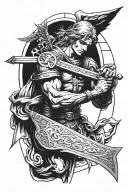 at Michael archangel holding sword down middle with a big cross behind him tattoo design idea