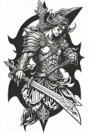 at Michael archangel holding sword down middle with a big cross behind him tattoo design idea