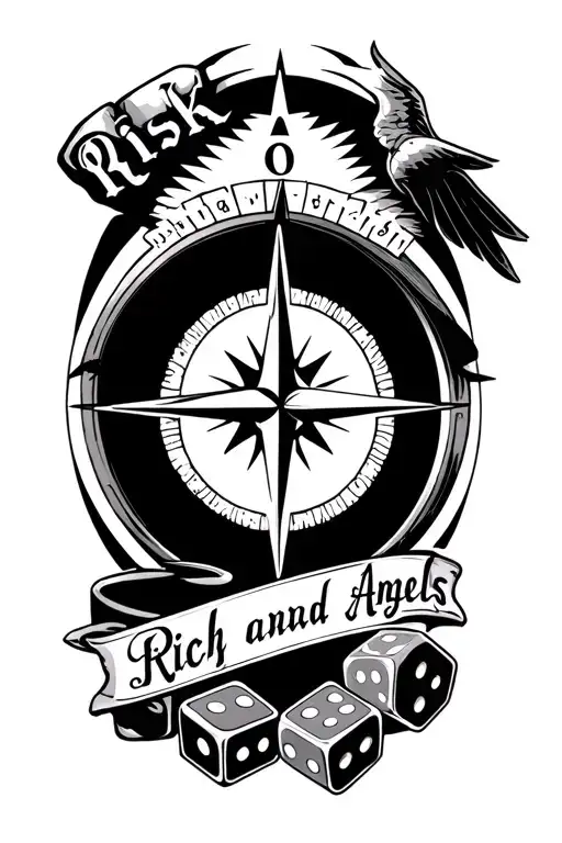 a tattoo sleeve from the elbow downwards with compass and dice where it says risk rich and angels  tattoo design idea