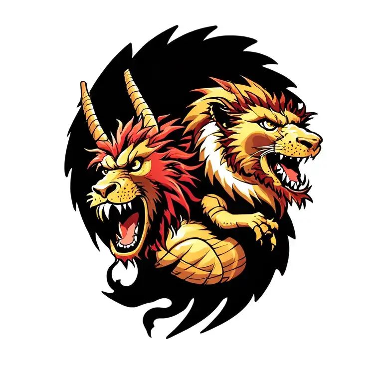 "Caveman vs lion vs dragon" Battle Royale tattoo design idea
