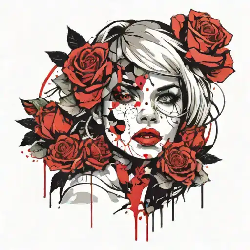 sexy girl face with clocks and roses  tattoo design idea