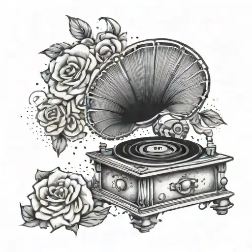 gramophone flowers head in cloud background tattoo design idea