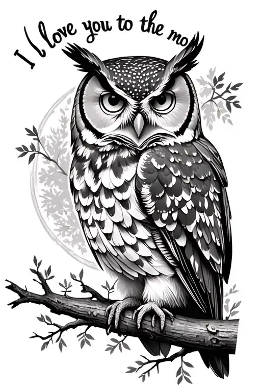 "I love you to the moon" screech owl surrounded by trees swaying tattoo design idea