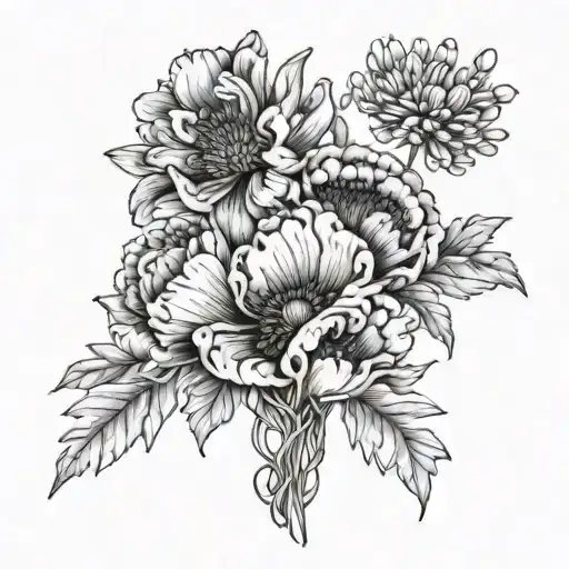 poppy, chrysanthemum, honeysuckle, carnation bouquet tattoo design idea