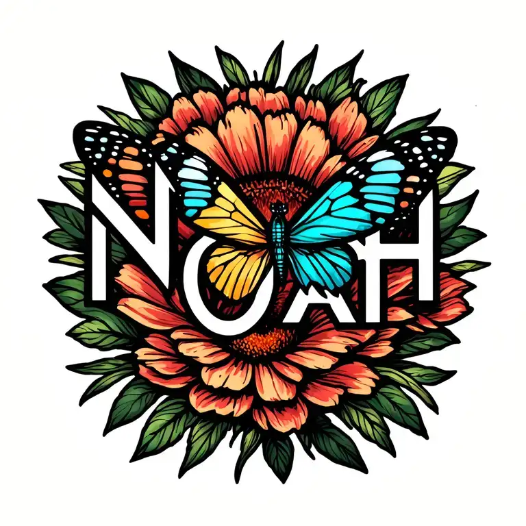 "NOAH" BUTTERFLY ON FLOWER tattoo design idea