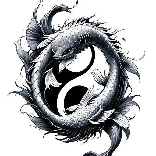 koi fish yin and yang style but one is a dragon, fine line style tattoo design idea