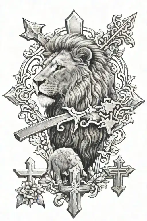 Lion and the lamb 3 crosses tattoo design idea