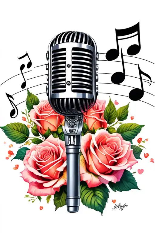 music notes microphone surrounded by roses  tattoo design idea