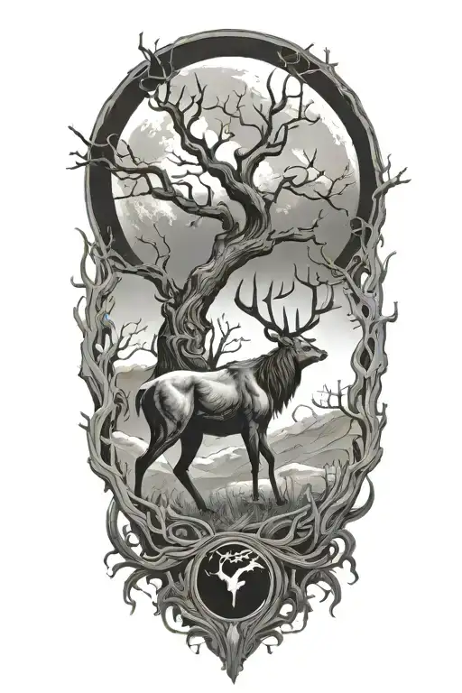 powerful stag, moon, yggdrasil and a raven tattoo design idea