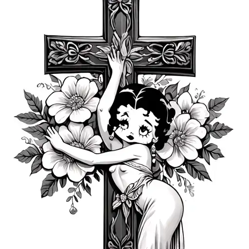 betty boop grabbing a cross with flowers tattoo design idea