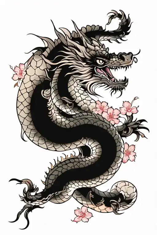 Dragon and snake samurai with japanese sakura japanese style designs tattoo design idea