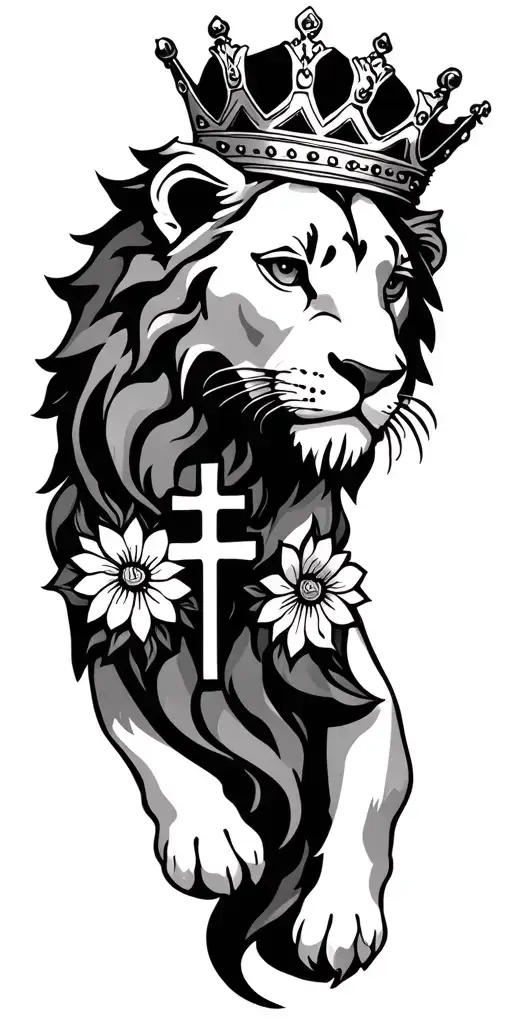 small lion wearing a crown with a cross and flowers tattoo design idea