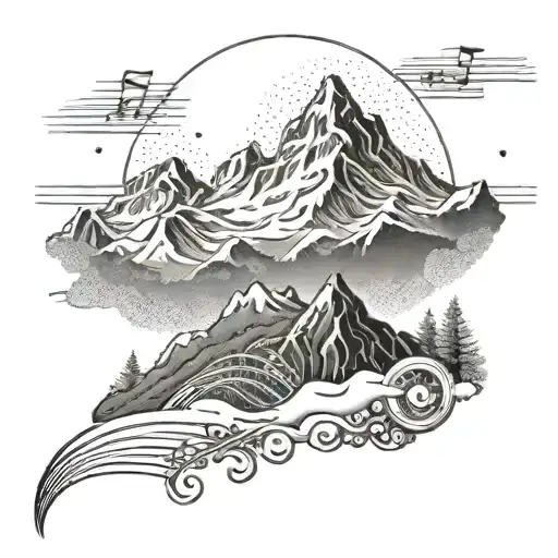 A laser engraving machine with musical notes and a snow-capped mountain landscape in the background tattoo design idea