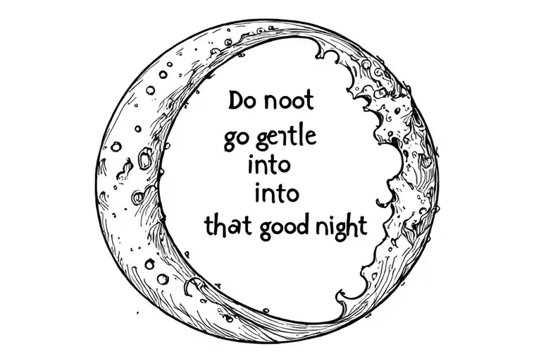 semi colon moon with words that say " do not go gentle into that good night". make it fine line with no shading.  tattoo design idea