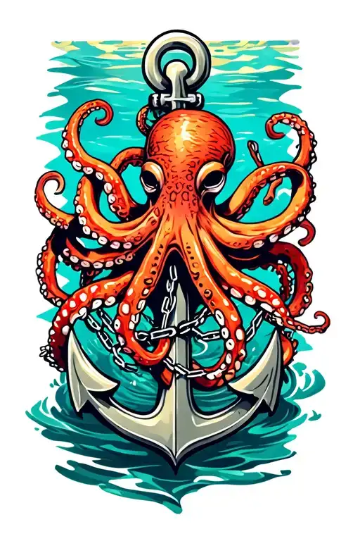 octopus wrapped around anchor in water with broken chain tattoo design idea