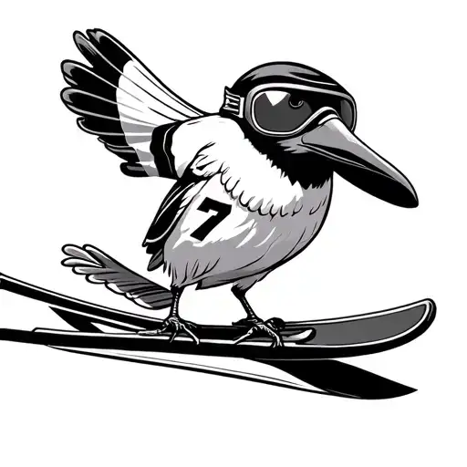 A bird with a baseball jersey number 7 and skiing goggles on a surf board  tattoo design idea