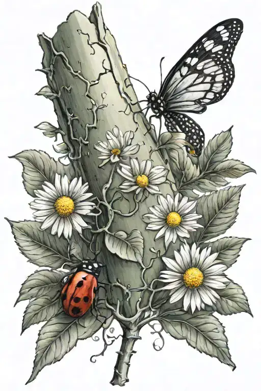Aspen tree surrounded by Daisy flower and ladybug resting tattoo design idea