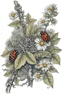 Aspen tree surrounded by Daisy flower and ladybug resting tattoo design idea