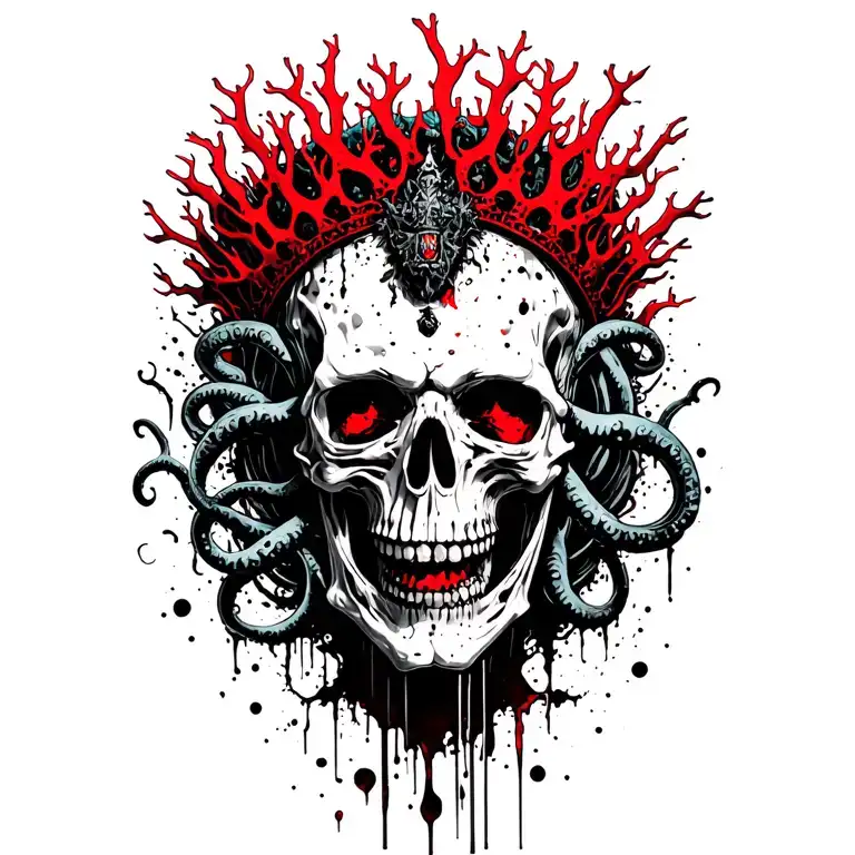 King Of Bones With A Coral Crown, Hades 2 Style, Eldritch, Tentacles, Lovecraftian, Deep Sea tattoo design idea