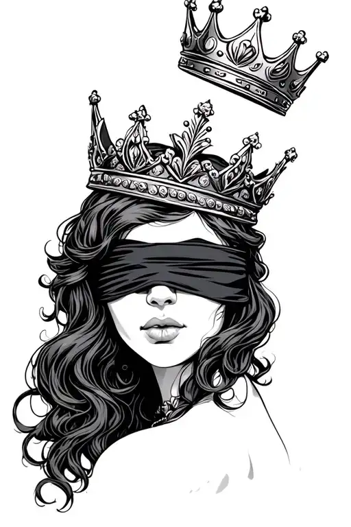 A blind queen with dark ginger hair wearing a blindfold covering her eyes and a crown tattoo design idea