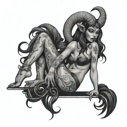 sexy Aries black demon woman sitting tattoo design idea