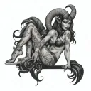 sexy Aries black demon woman sitting tattoo design idea