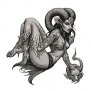 sexy Aries black demon woman sitting tattoo design idea