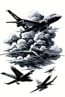 dark clouds with a citation Jet, a single engine Cessna and a black hawk flying around.  tattoo design idea