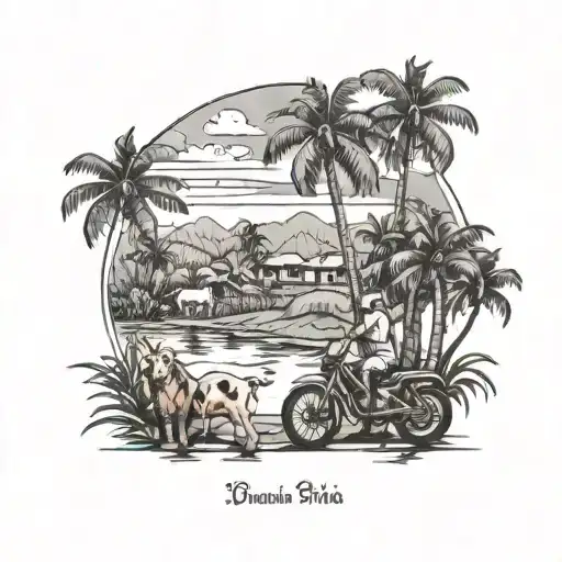 pineapple field , Dominican Republic, cows , horses , river, motorcycles tattoo design idea