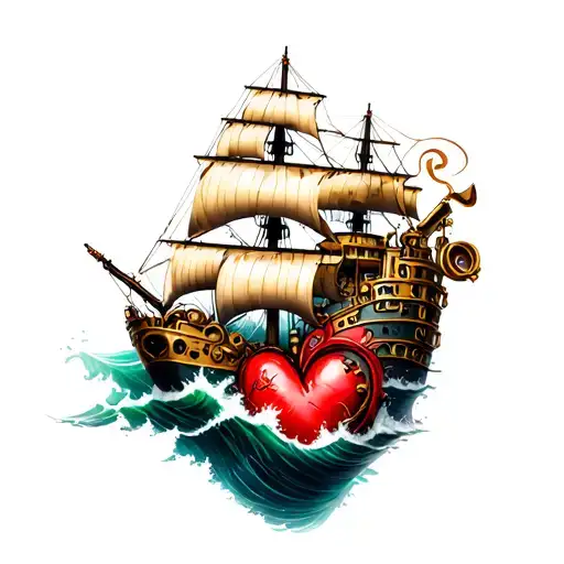 steampunk ship heart ocean tattoo design idea