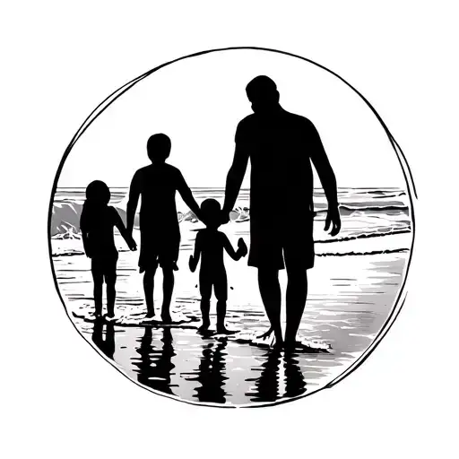family silhouettes in front of a beach, 2 parents, 1 boy at 10 years old the other one 20 tattoo design idea