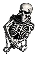 wrapping chains around the persons collarbone leading to shackles on the hands of a dangling skeleton wearing a military tattoo design idea