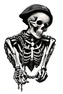wrapping chains around the persons collarbone leading to shackles on the hands of a dangling skeleton wearing a military tattoo design idea