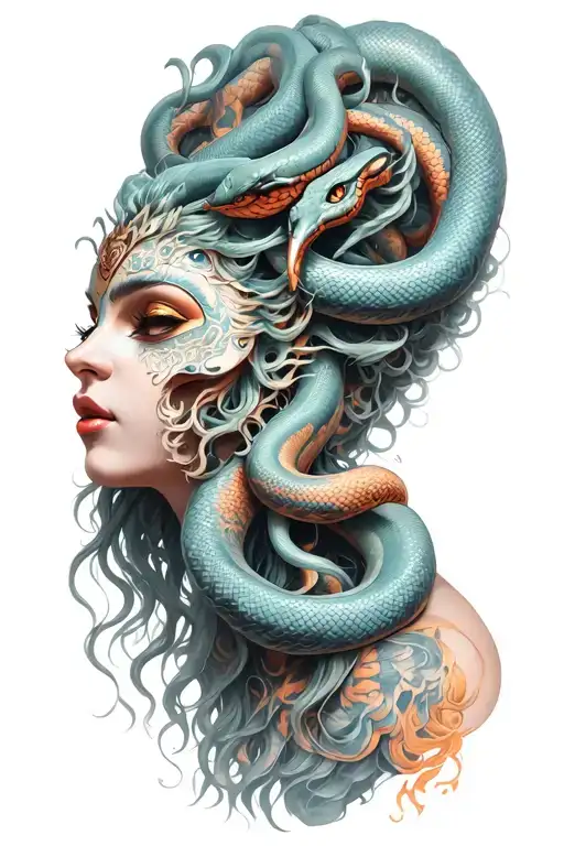 Cyber medusa goddess with oni mask, snakes hair tattoo design idea